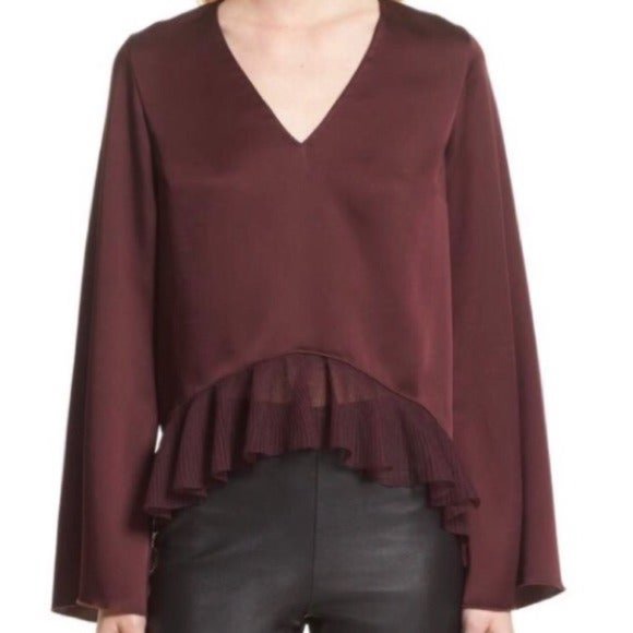 Elizabeth & James Satin Burgundy Hi Lo Ruffle Blouse cropped chic evening - Picture 1 of 9